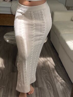 LILYSILK Cable Knit Wool Cashmere Maxi Skirt White Ivory Size S